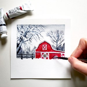 Red Barn Painting - Winter Painting, Original Painting, Winter Red Barn, Snow Landscape, Snowy Painting, Snowy Art, Farmhouse Art, Farm Art