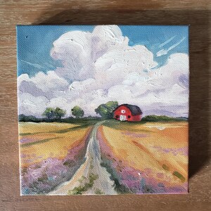 Countryside Original Oil Painting with Red Barn and Pink Wildflowers Cloudscape 8x8