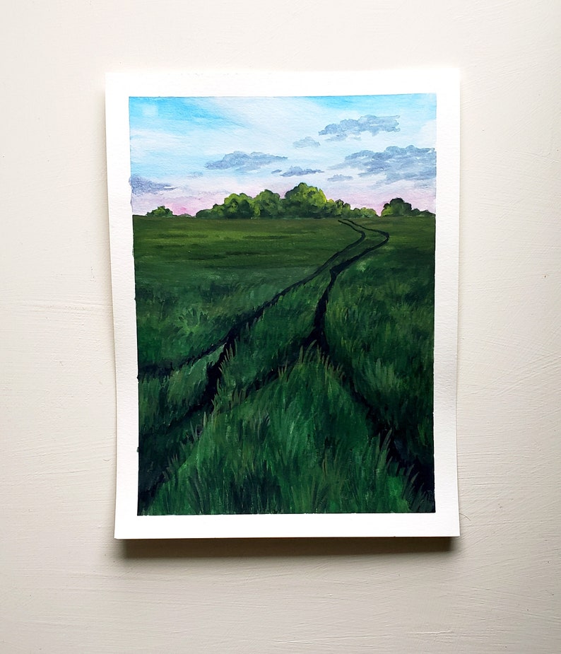 Field Painting Field Landscape, Original Painting, Original Gouache Painting, Farmhouse Art, Farmhouse Painting, Farm Art, Farm Painting image 2