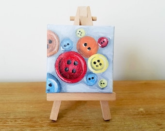 Mini Button Painting - Mini Painting, Retro Painting, Still Life Painting, Button Art, Crafting Art, Crafting Decor, Vintage Style Art