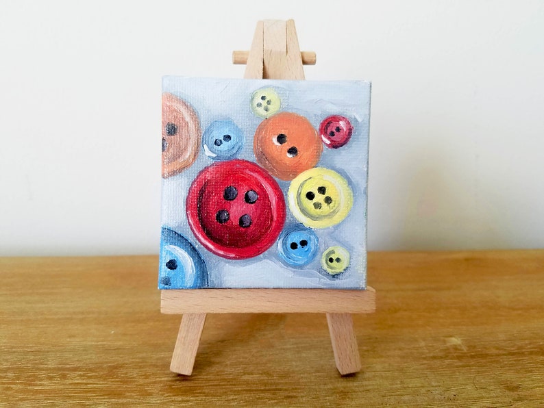 Mini Button Painting Mini Painting, Retro Painting, Still Life Painting, Button Art, Crafting Art, Crafting Decor, Vintage Style Art image 1