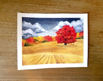 Fall Landscape Painting - Field Painting, Landscape Art, Field Landscape, Original Painting, Gouache Painting, Fall Painting, Red Leaves
