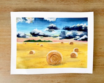 Hay Bales Painting - Farmhouse Wall Decor, Farmhouse Art, Country Art, Farm Painting, Original Gouache Painting, Field Painting, Hay Field