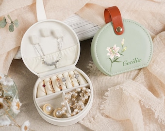 Custom Mini Jewelry Box with Birth Flower & Name,Travel Jewelry Box,Personalized Leather Travel Case Gift for Bridesmaid, Wedding,Birthday