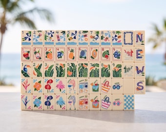 Tropical Breeze American Mahjong Set, 160 Acrylic Tiles, Summer Beach Fruit Floral Mahjong, Luxury Game Night Gift