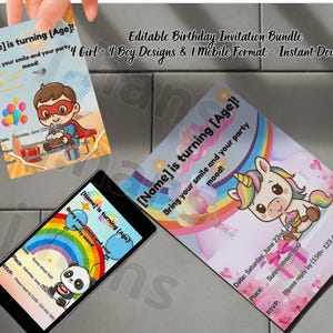 Geburtstagseinladungspaket - Bearbeitbare Canva-Vorlagen (4 Mädchen & 4 Jungen) - Sofortiger Download, druckbare Kinderpartyeinladung.