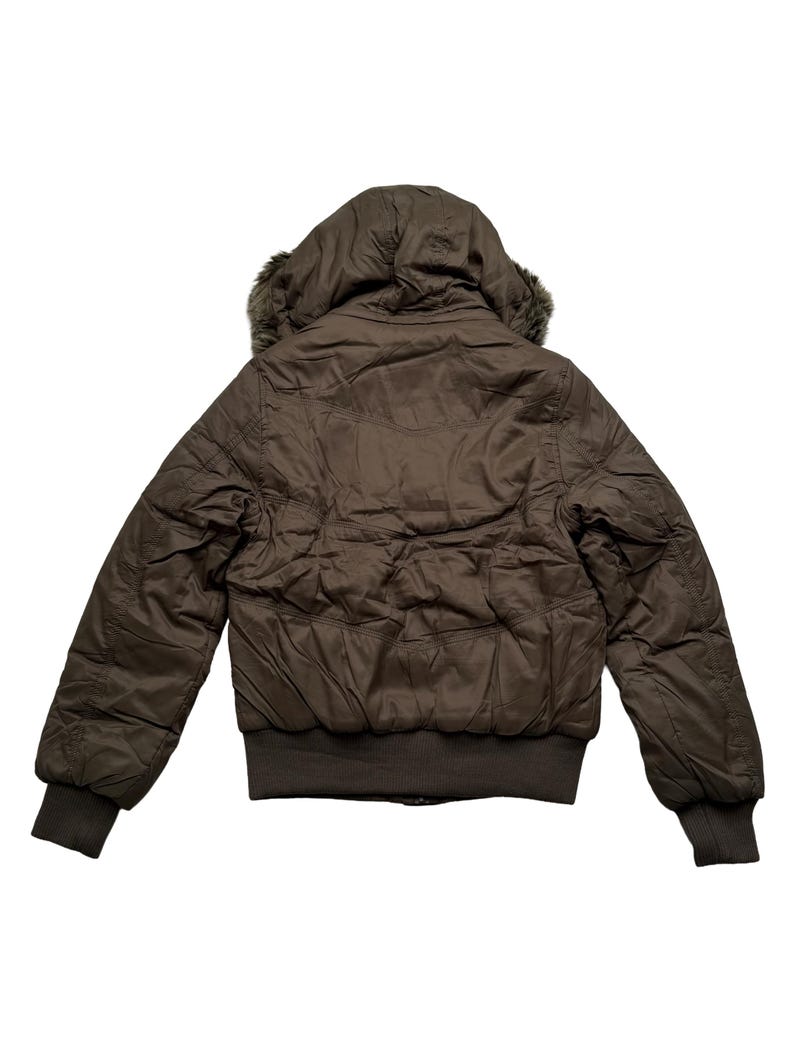 May include: A brown bomber jacket with a hood and faux fur trim. The jacket has a quilted design and ribbed cuffs and hem. The back view shows the hood and the full length of the jacket.