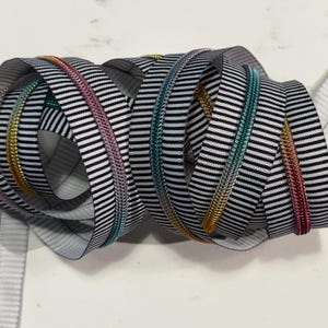 Ruban adhésif à glissière à coupe continue, rayures fines rayures noires et blanches, dents en nylon arc-en-ciel