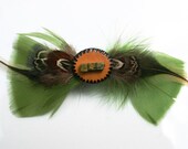 Natural Jewelry, Women's Olive Green and Brown Feather Hair Barrette with Gourd Shell Medallion, Unakite Gemstones, OOAK