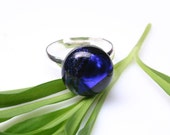 Blue Dichroic Fused Glass Ring, Midnight Blue Glass Ring, Sterling Silver Plated Adjustable Ring