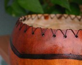 Burnt Orange Gourd Bowl, Rustic Gourd Bowl, Wild Turkey Tail Bowl with Leather Trim, Brick Red Bowl