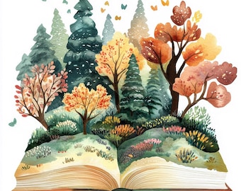 May include: Watercolor illustration of an open book with a forest scene. The pages are tan, and the forest features trees in shades of green, orange, and yellow. Small butterflies float above the trees, and the scene evokes a sense of nature and storytelling.