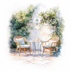 Può includere: Dipinto ad acquerello di un patio con due sedie in vimini, un tavolino rotondo e una teiera con tazze. La scena è circondata da una vegetazione lussureggiante e rose rampicanti, con due lanterne sospese.
