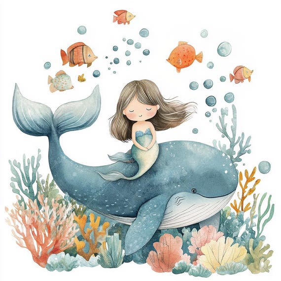 リトル・マーメイドの水彩画クリップアート10点、クジラの仲間たち