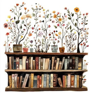 May include: A watercolour illustration of a bookshelf with two wooden shelves filled with books. Above the shelves are potted plants with colourful flowers. The image has a soft, artistic style with a white background.