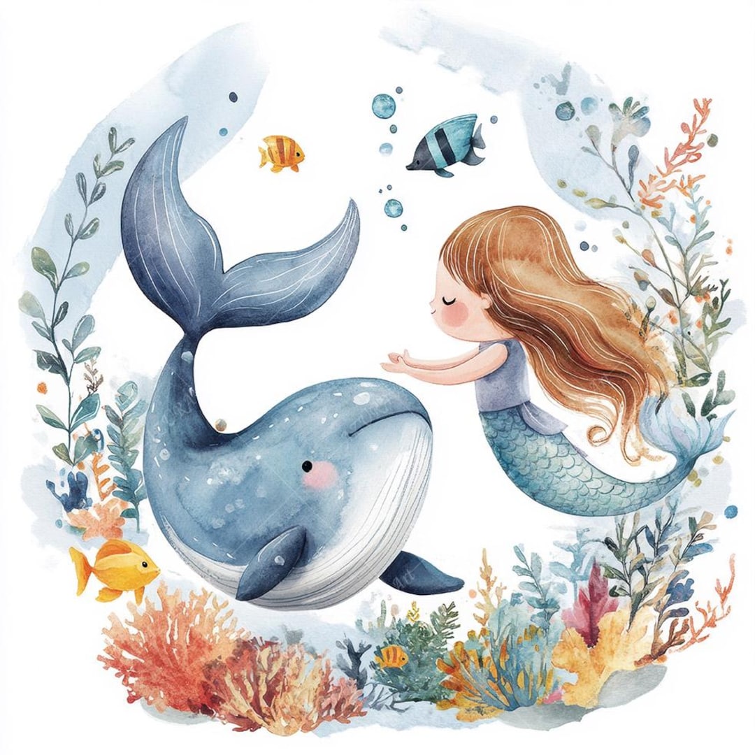 10 Little Mermaid Watercolor Clipart, Whale Friends (digital Download ...