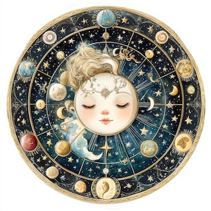 Può includere: Illustrazione celeste circolare con un volto sereno al centro. L'opera presenta un volto con gli occhi chiusi, una corona celeste e uno sfondo di stelle, pianeti e simboli zodiacali, il tutto all'interno di una cornice circolare, evocando meraviglia cosmica.