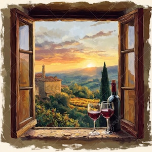 10 Toscana vingård Clipart, italiensk fönstervy, akvarellmålning (digital nedladdning)