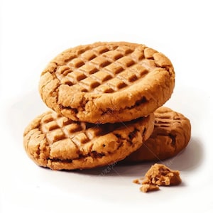 May include: A stack of three golden-brown peanut butter cookies with a crisscross pattern pressed into the top. A few crumbs are scattered near the base of the stack. The cookies are round and have a slightly rough texture.