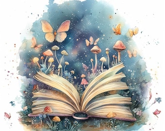 May include: Watercolor illustration of an open book with a fantasy theme. The pages are open, revealing a starry night sky and a whimsical landscape of mushrooms and butterflies. The color palette includes blues, oranges, and greens.