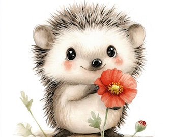10 Hedgehog with Poppy Clipart, Kids Room Wall Art (Digital Download)