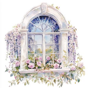 May include: Watercolor illustration of a white window with an arched top, adorned with pink roses and cascading wisteria. The window reflects a garden scene, creating a romantic and floral aesthetic. The artwork is a charming depiction of a window box.