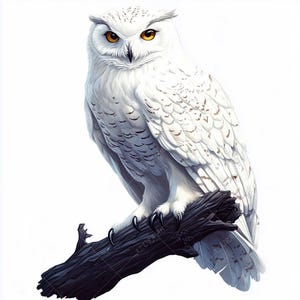May include: A detailed illustration of a snowy owl perched on a dark, weathered branch. The owl has bright yellow eyes and white feathers with subtle brown markings. The artwork is set against a clean white background, highlighting the owl's features.