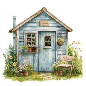 May include: A watercolour illustration of a light blue garden shed with a wooden sign reading "Conbute". The shed features a small window, a door, and a hanging basket of flowers. A wooden chair with the word "Gumble" is in front of the shed.