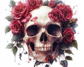 May include: Watercolor illustration of a human skull adorned with a wreath of vibrant red roses and green leaves. The skull has a detailed, aged appearance, with visible teeth and eye sockets. The roses are in full bloom, creating a striking contrast against the skull's color.