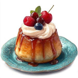 May include: A caramel-glazed dessert, topped with cream, raspberries, cherries, and a blueberry, presented on a turquoise plate. The dessert is a golden-brown colour. A sweet treat.