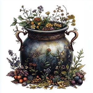 Puede incluir: Ilustración detallada de un gran caldero azul oscuro rebosante de coloridas flores silvestres. El caldero tiene asas ornamentadas y está rodeado de varias flores, bayas y follaje, creando un tema botánico caprichoso.