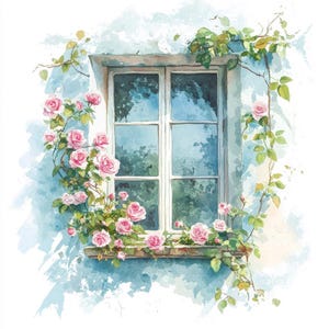 Op de afbeelding: Waterverfschilderij van een raam met witte kozijnen en zes ruiten. Roze rozen en groene wijnranken versieren het raam. De muur is lichtblauw geschilderd, met een aquareleffect.