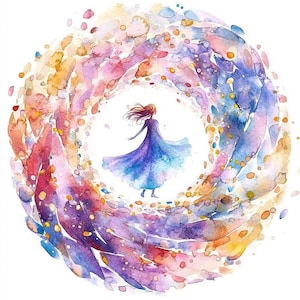 Puede incluir: Pintura a la acuarela de una mujer con un vestido azul fluido, rodeada por un vórtice arremolinado de salpicaduras de pintura coloridas en tonos de morado, rosa, naranja y amarillo. La obra de arte tiene una cualidad onírica y etérea.