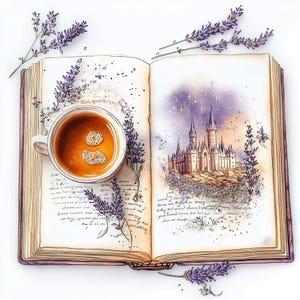 10 Magic Book with Lavender & Tea Clipart, Watercolor Painting, Printable clipart, High Quality, Digital download, Paper craft, Journal