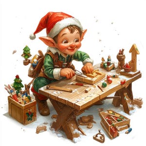 May include: A cheerful elf wearing a red Santa hat and green outfit is crafting wooden toys at a rustic wooden workbench. The scene is set in a snowy environment, with various toy components and tools scattered around. A wooden box filled with colorful art supplies is on the left.