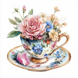 10 Vintage Tea Cup full of Flowers Clipart, Water Color Style, Printable clipart, High Quality, Digital download, Paper craft, junk journals