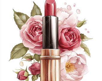 May include: A red lipstick with a gold base and black cap, set against a backdrop of watercolor roses in shades of pink and green. The image has a feminine and floral theme.