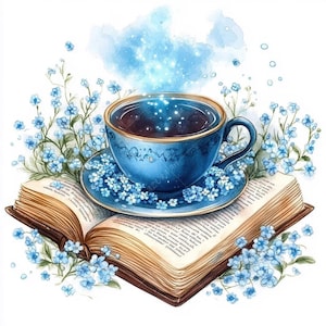 10 Blue Tea Cup on Magical Book Clipart, Fantasy , New Age, Printable clipart, High Quality, Digital download, Paper craft, junk journals