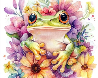 10 Floral Frosch Clipart, bunte Seerosen Designs (digitaler Download)