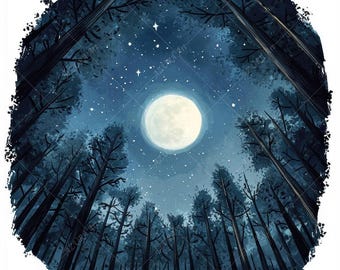Pode incluir: Ilustração em aquarela de uma floresta à noite, vista de baixo. Árvores altas e escuras emolduram uma lua cheia e um céu estrelado. A paleta de cores é principalmente azul e branco, criando uma cena noturna serena.