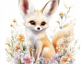 10 imágenes prediseñadas de zorro fénec, ilustración floral de prado (descarga digital)