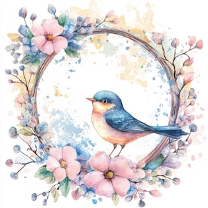 May include: Watercolor illustration of a blue bird perched on a floral wreath. The wreath features pink and blue flowers, with a light brown circular frame. The background has soft watercolor splashes of blue and yellow.
