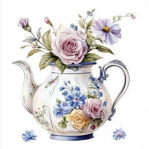 10 Teapot with Floral Motif Clipart, British Tea Set, Watercolor Painting, Printable clipart, High Quality, Digital download, Paper craft