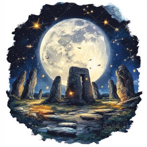 May include: An artistic depiction of Stonehenge under a full moon. The image features a large, bright moon in a starry night sky, with the iconic stone structures in the foreground. The scene is illuminated by the moon and scattered stars.