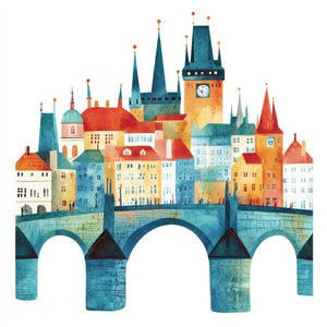 Prags stads Clipart-illustration, Tjeckisk konst (digital nedladdning)