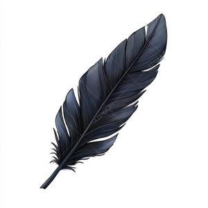 Puede incluir: Una pluma negra ilustrada digitalmente con sombreado detallado y líneas finas. La pluma es de color carbón oscuro, con un aspecto ligeramente brillante. La imagen está sobre un fondo blanco.