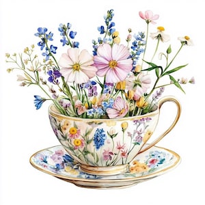 May include: A watercolour illustration of a teacup and saucer filled with a vibrant array of flowers. The teacup and saucer feature floral patterns in yellow, blue, and pink. The flowers include bluebells, daisies, and cosmos.