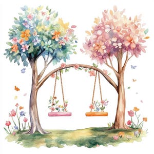 10 Double Floral Swing Hanging from Flower Tree, Watercolor, Printable clipart, High Quality, Digital download, Paper craft, Junk Journals