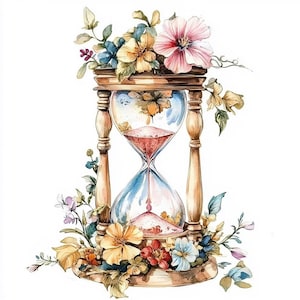 Può includere: Illustrazione ad acquerello di una clessidra con cornice in legno, riempita di sabbia rossa. La clessidra è adornata da fiori colorati nelle tonalità del rosa, giallo, blu e rosso, creando un design stravagante e artistico.