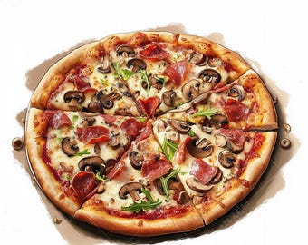 May include: A top-down view of a freshly baked pizza, sliced into eight pieces. The pizza features a golden-brown crust, topped with melted cheese, pepperoni slices, mushrooms, and green herbs. The pizza sits on a light brown surface.